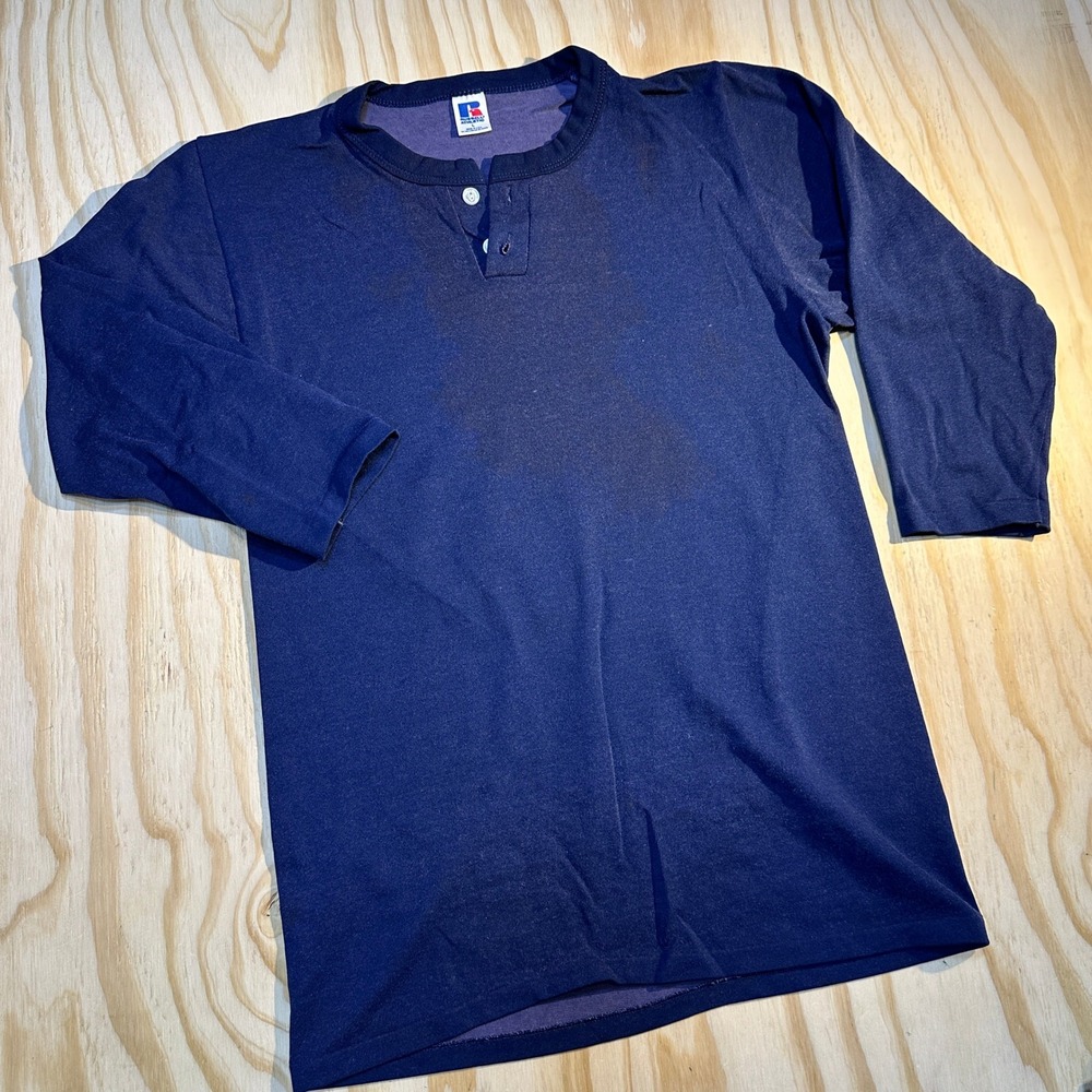 Russell Athletic Men's Vintage Henley Long Sleeve Shirt Navy Blue Blank Size L